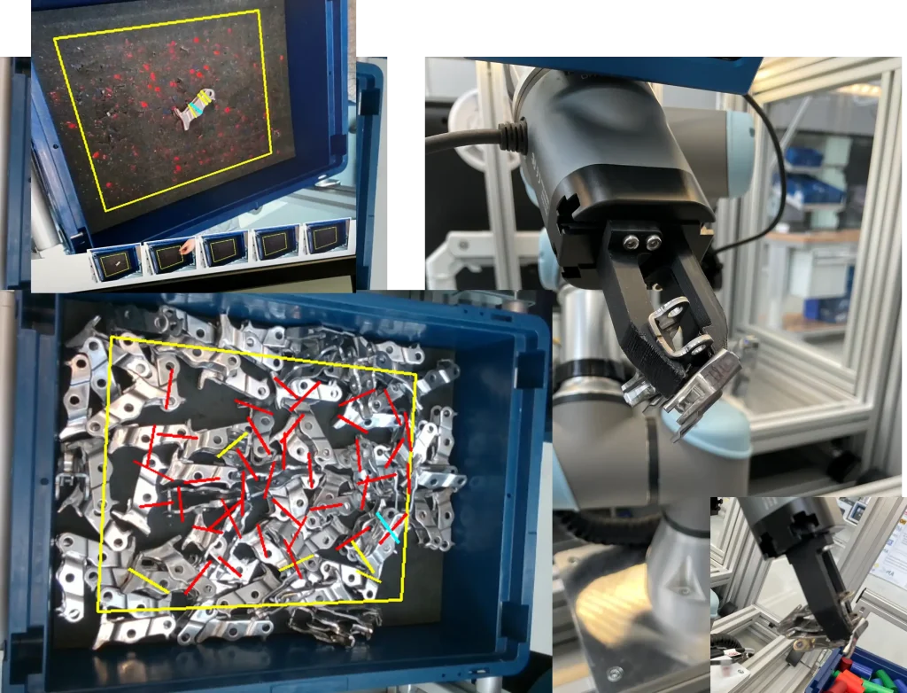 Zu sehen ist die Kameraerkennung mit einer auf dem Markt kaufbaren Lösung. Das System erkennt das Bauteil und gibt dazu eine Greifposition für den Roboter an.
